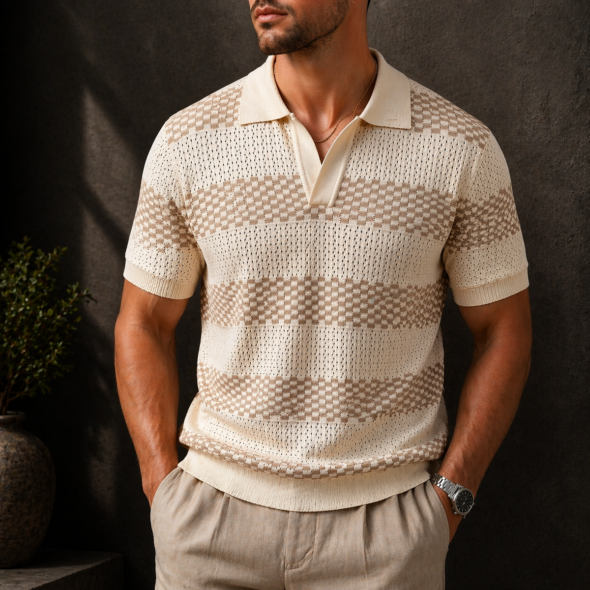 Men's Textured Knit Polo Shirt-Inmodax