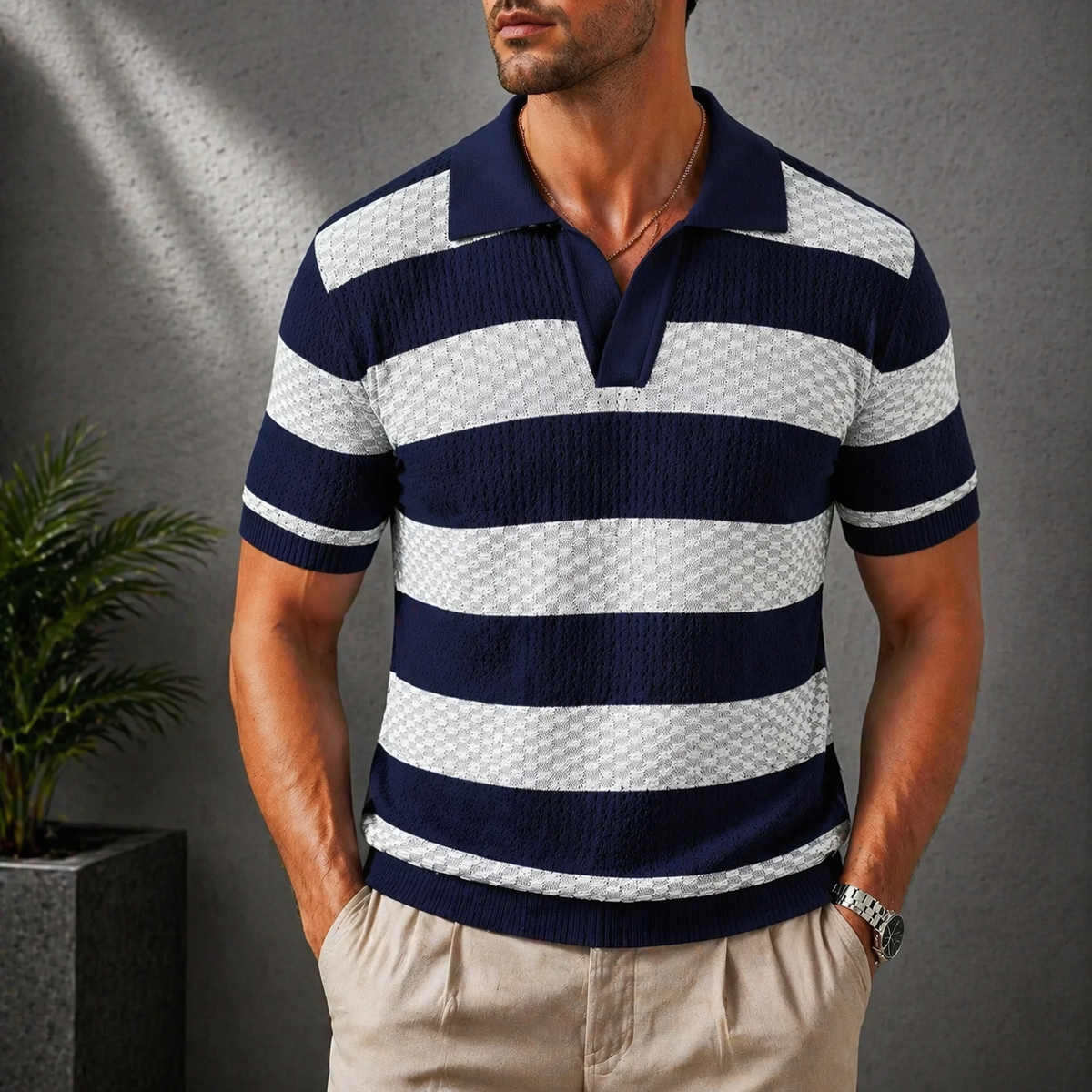 Men's Textured Knit Polo Shirt-Inmodax