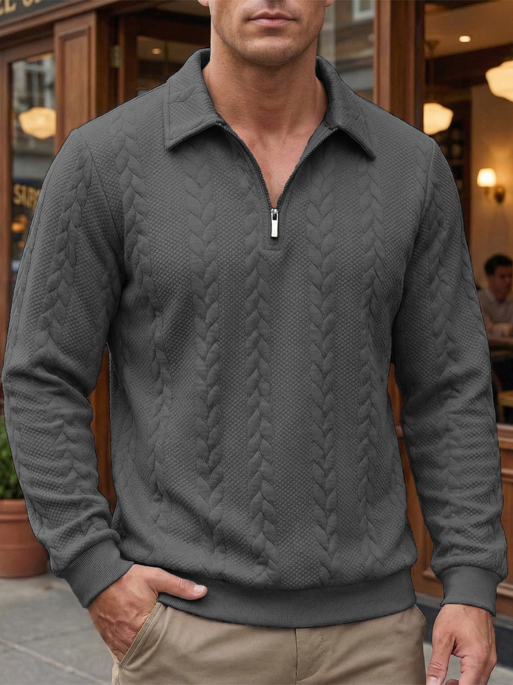 Men's Textured Quarter-Zip Polo Shirt-Inmodax