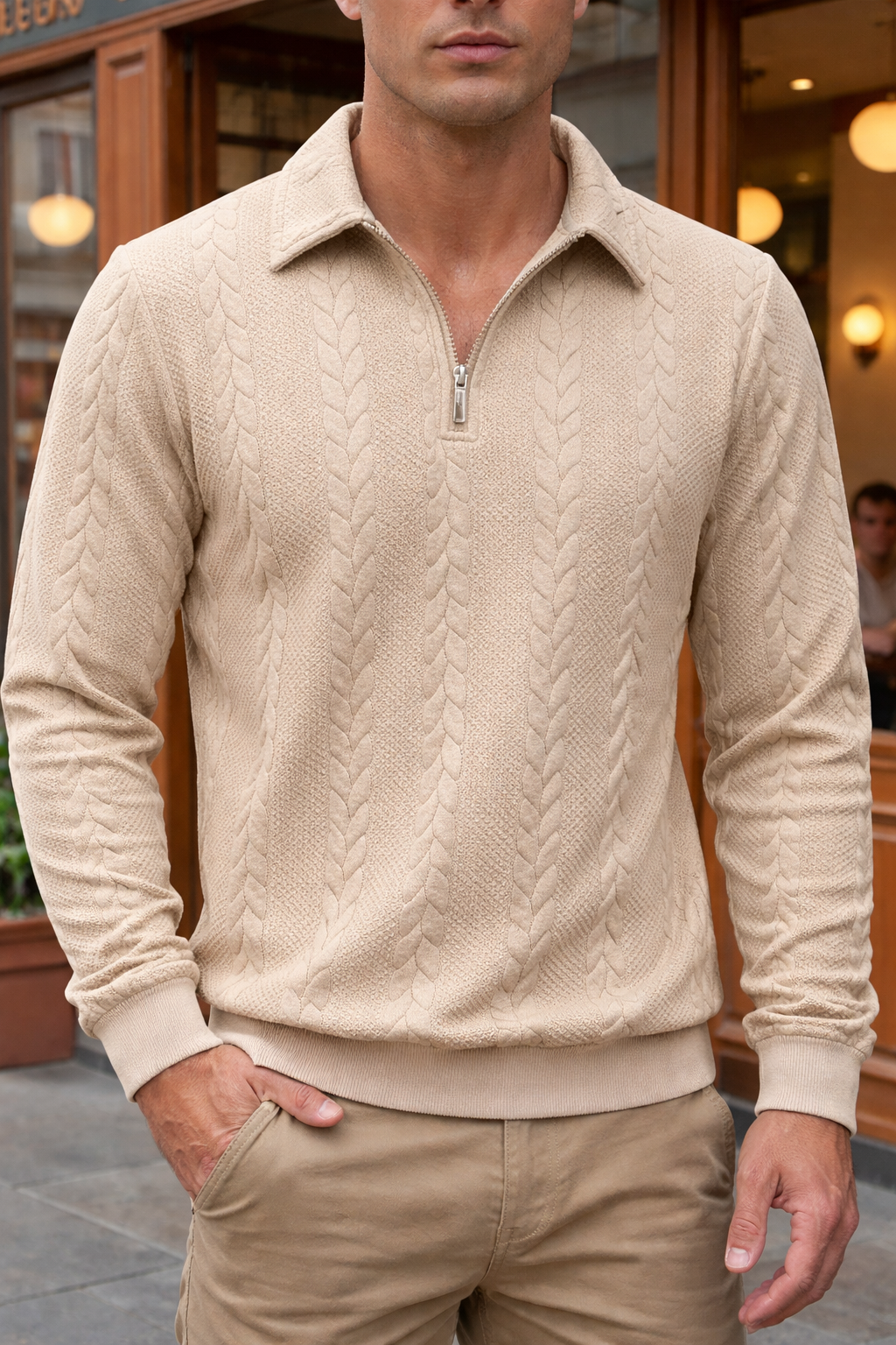 Men's Textured Quarter-Zip Polo Shirt-Inmodax