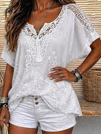 Women's Embroidered Lace V Neck Blouse-Inmodax