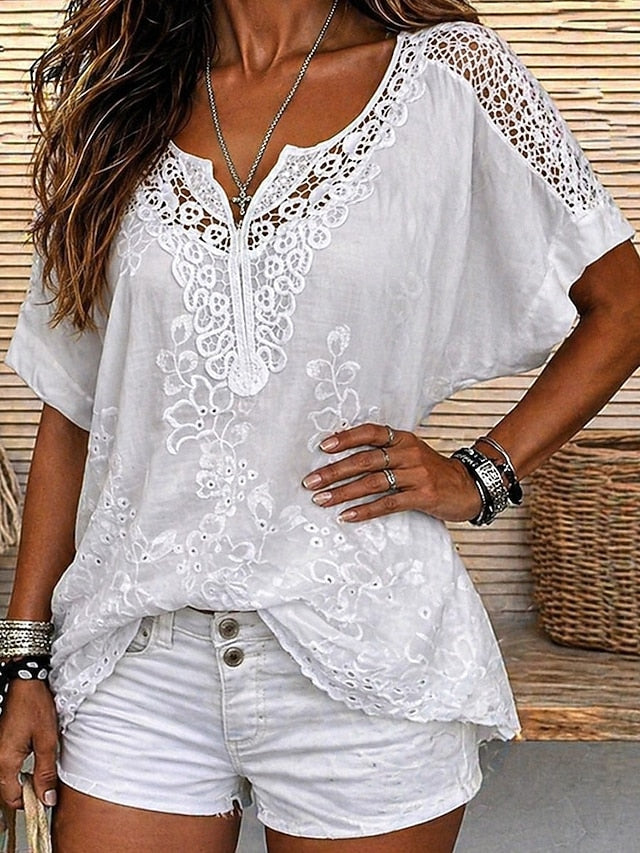 Women's Embroidered Lace V Neck Blouse-Inmodax