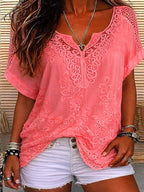Women's Embroidered Lace V Neck Blouse-Inmodax