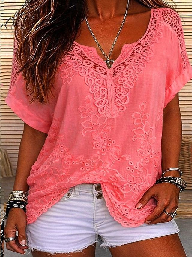 Women's Embroidered Lace V Neck Blouse-Inmodax