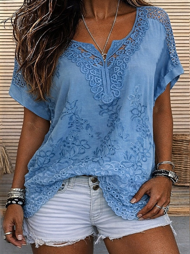 Women's Embroidered Lace V Neck Blouse-Inmodax