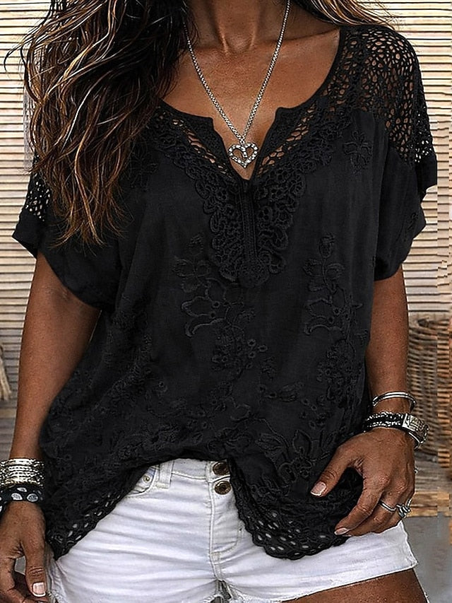 Women's Embroidered Lace V Neck Blouse-Inmodax