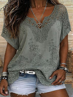 Women's Embroidered Lace V Neck Blouse-Inmodax