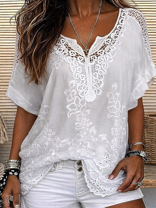 Women's Embroidered Lace V Neck Blouse-Inmodax