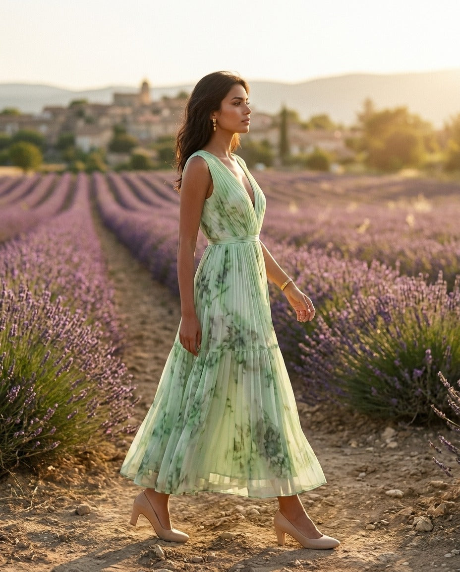 Women's Floral Pleated Midi Dress-Inmodax