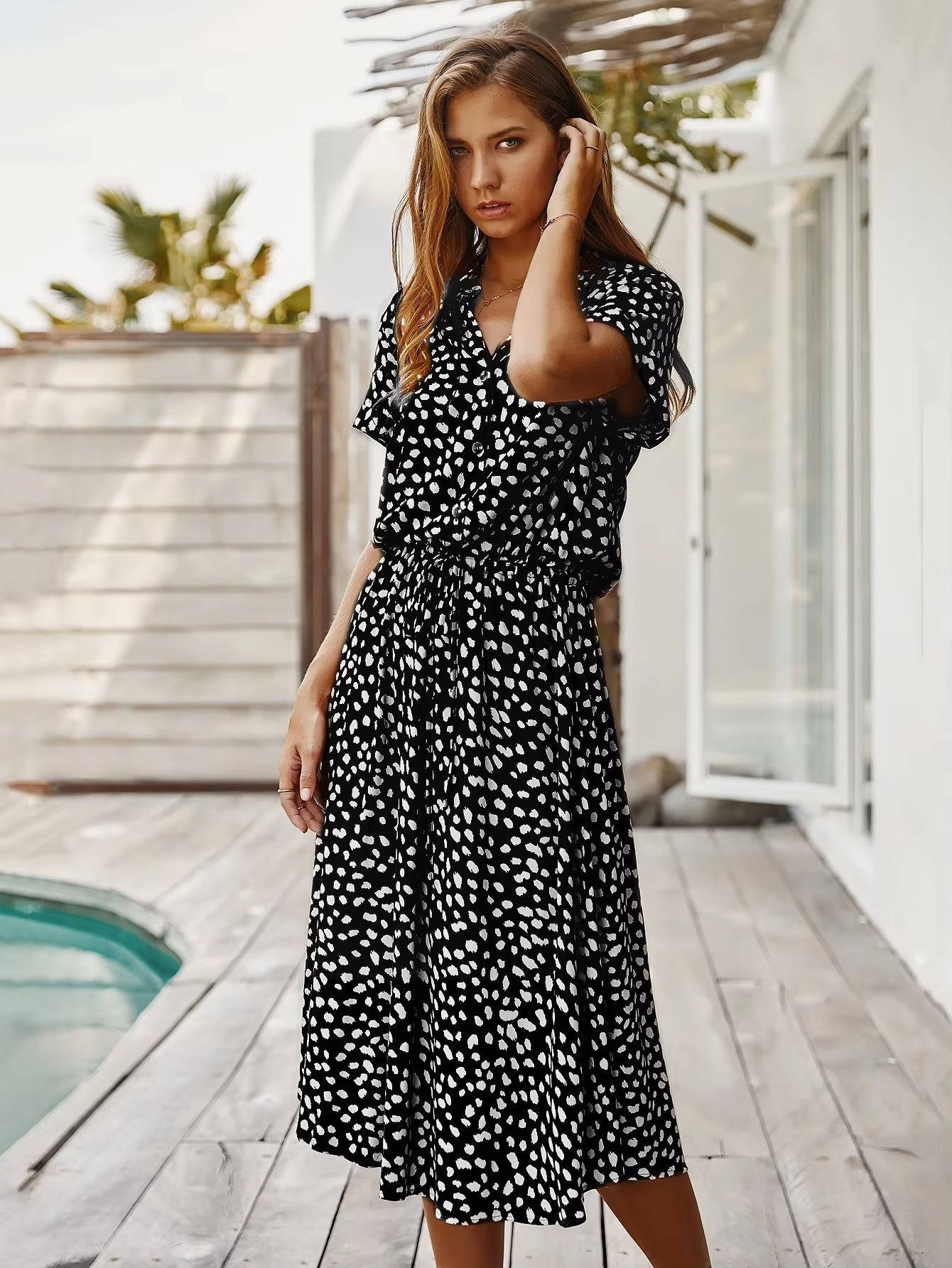 Women's Printed Tie Waist Midi Dress-Inmodax