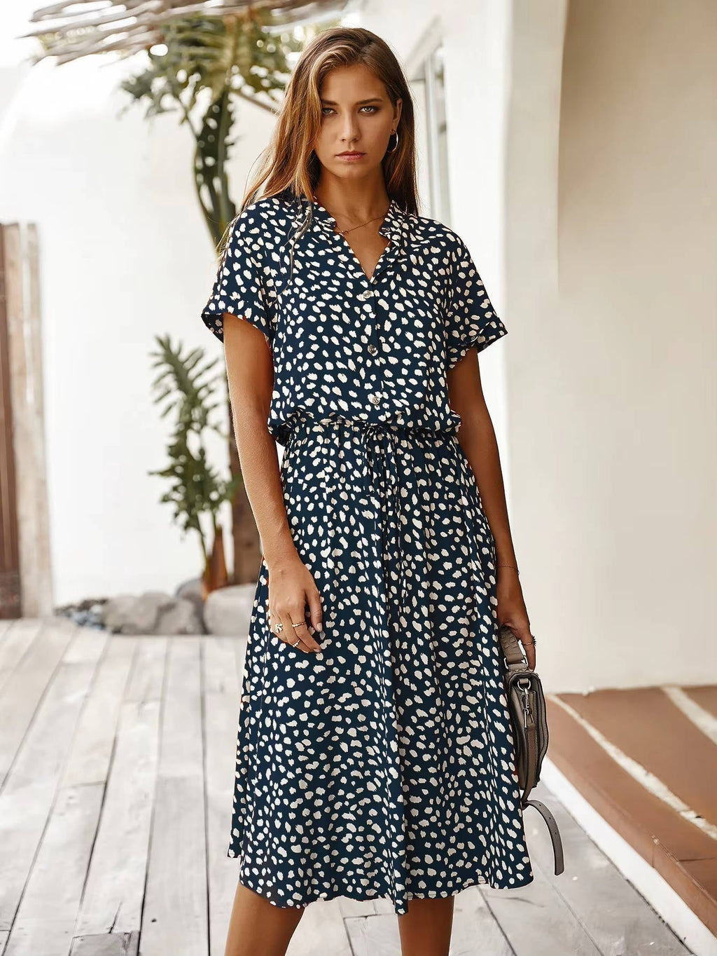 Women's Printed Tie Waist Midi Dress-Inmodax