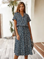 Women's Printed Tie Waist Midi Dress-Inmodax