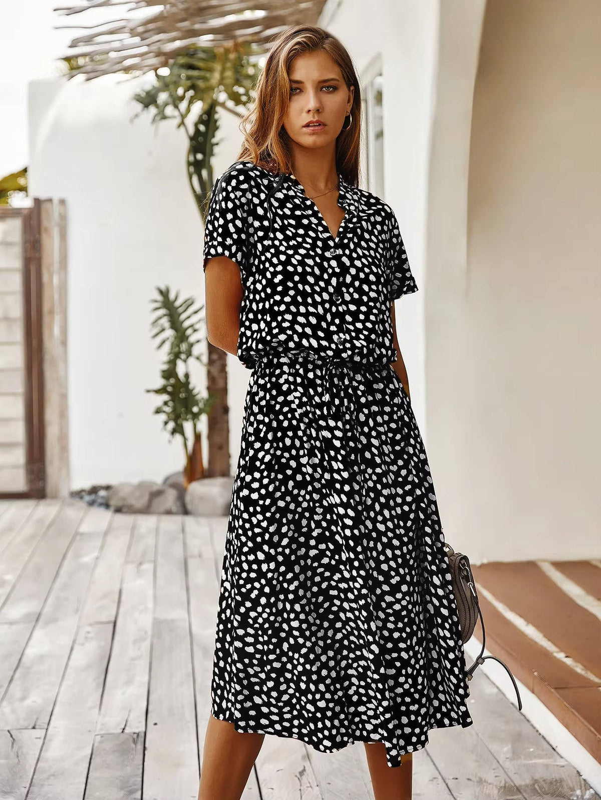 Women's Printed Tie Waist Midi Dress-Inmodax