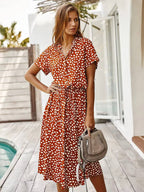 Women's Printed Tie Waist Midi Dress-Inmodax