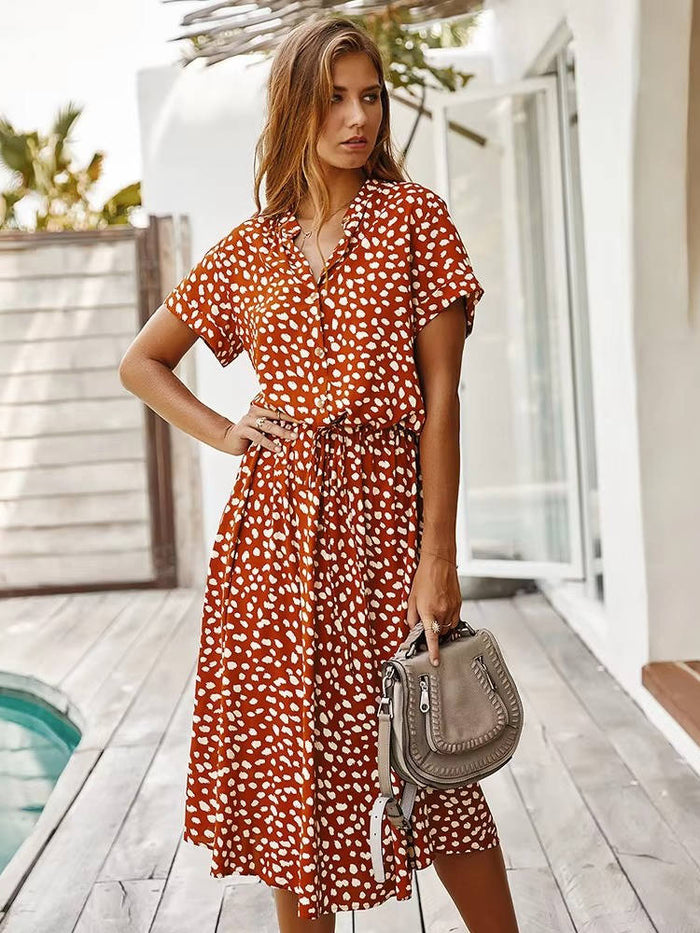 Women's Printed Tie Waist Midi Dress-Inmodax