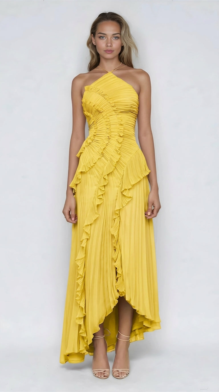 Women's Ruffle Pleated Midi Dress-Inmodax
